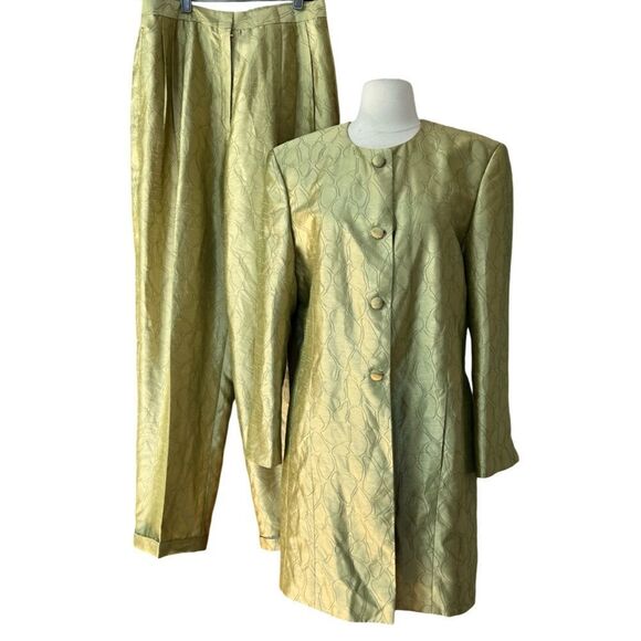 Vintage Mod Handmade One of a Kind Key Lime Sateen 2 Piece Pants Overcoat Set - Picture 2 of 15